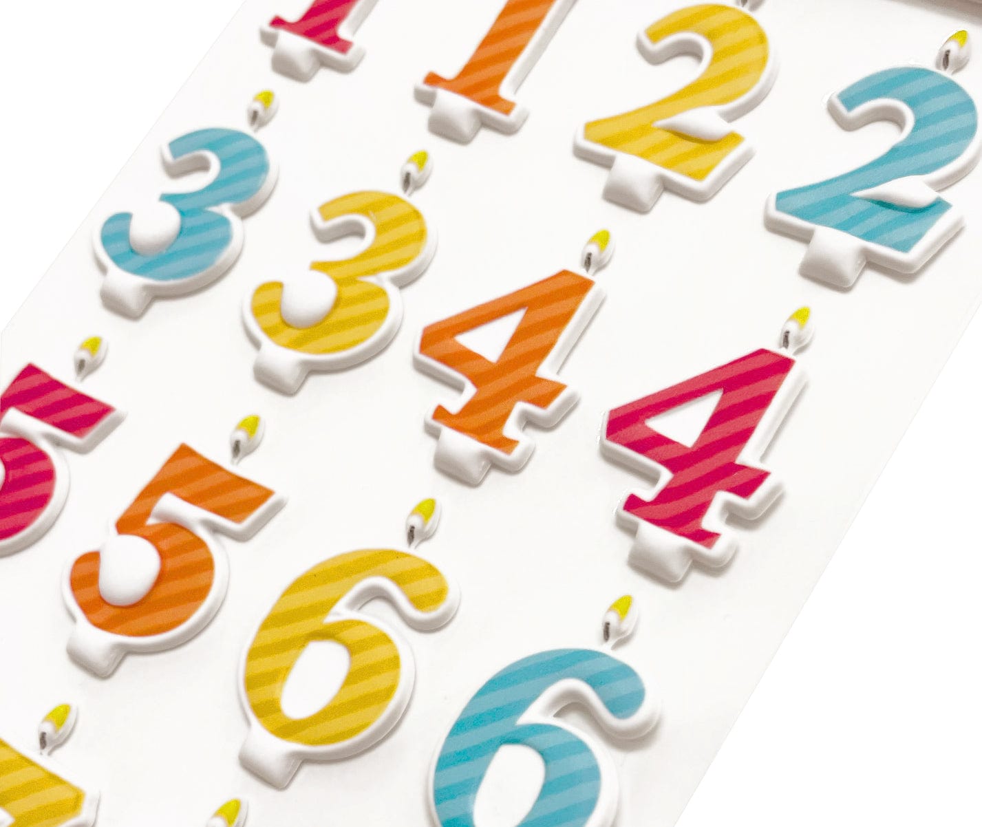 Close up of 3D puffy stickers featuring colorful number candles.