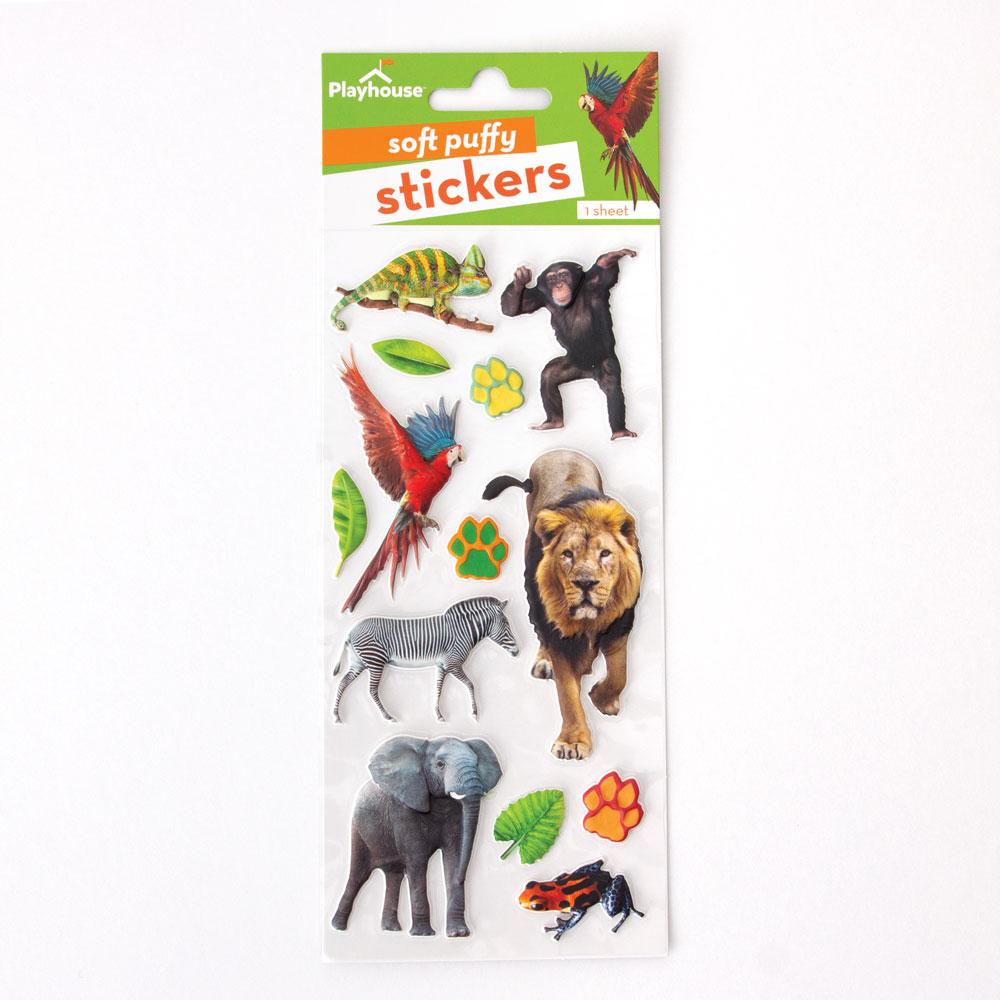 STP-7001E - Puffy Stickers - Zoo Animals - Playhouse soft puffy stickers sheet featuring colorful zoo animals including lion, elephant, zebra, chimp, macaw, chameleon, and paw prints