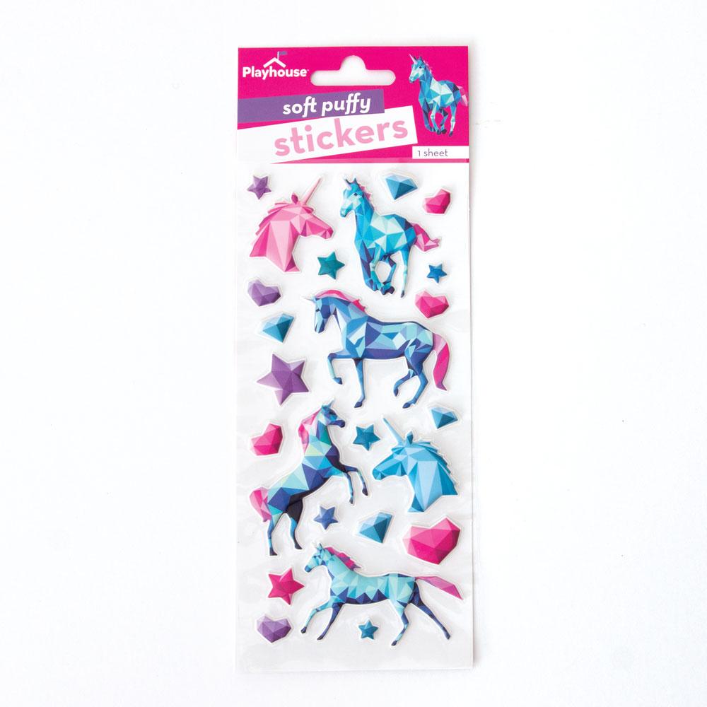 STP-7002E - Puffy Stickers - Unicorns - Soft puffy sticker sheet featuring colorful unicorns in blue and pink with matching stars and gems on white background