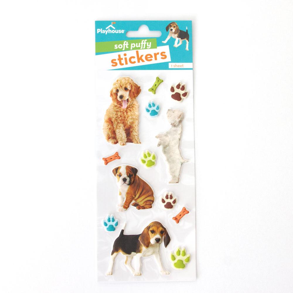 STP-7004E - Puffy Stickers - Puppies - Soft puffy sticker sheet featuring four dog breeds, colorful paw prints, and toy bone designs on a white background