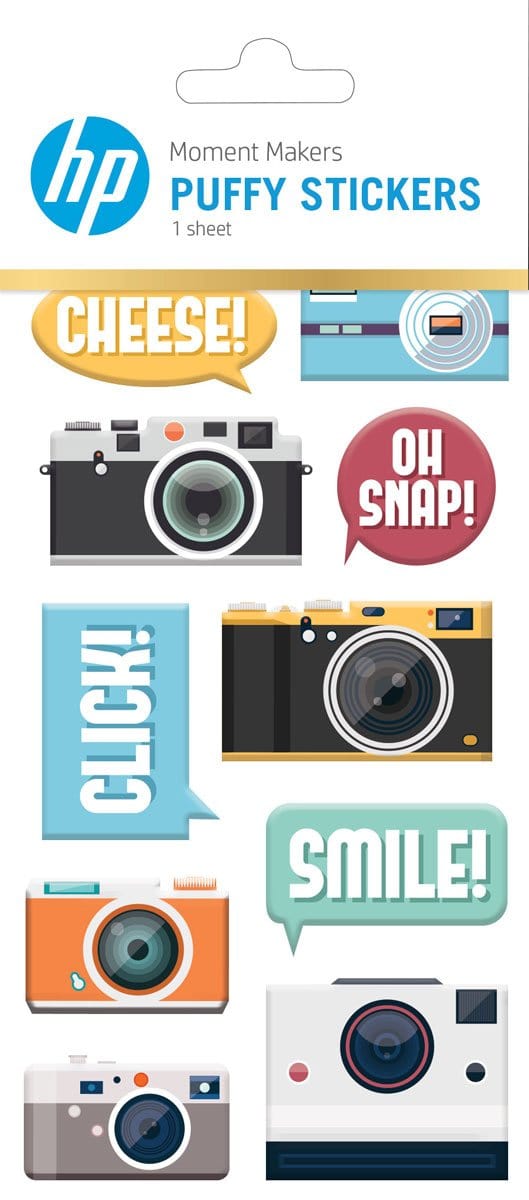 puffy stickers featuring colorful cameras, shown in packaging.