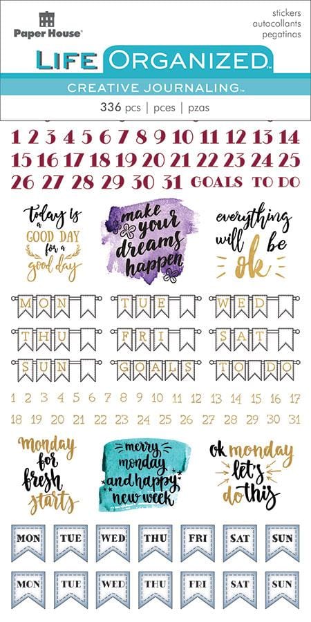 STPL-1001E - Planner Stickers - Weekly Creative Kit - Planner stickers sheet featuring calendar numbers, motivational quotes, watercolor elements, and day-of-week banners in teal, purple, and gold