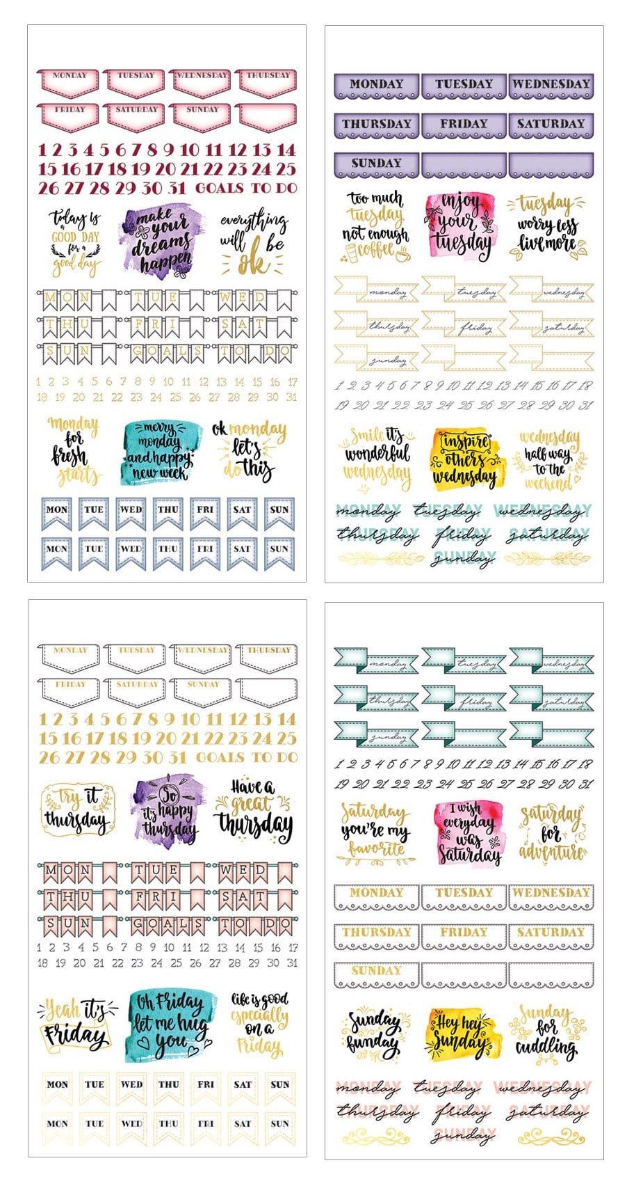STPL-1001E - Planner Stickers - Weekly Creative Kit - Four sheets of colorful planner stickers featuring day-of-week labels, date numbers, motivational quotes, and decorative banners in various styles and colors