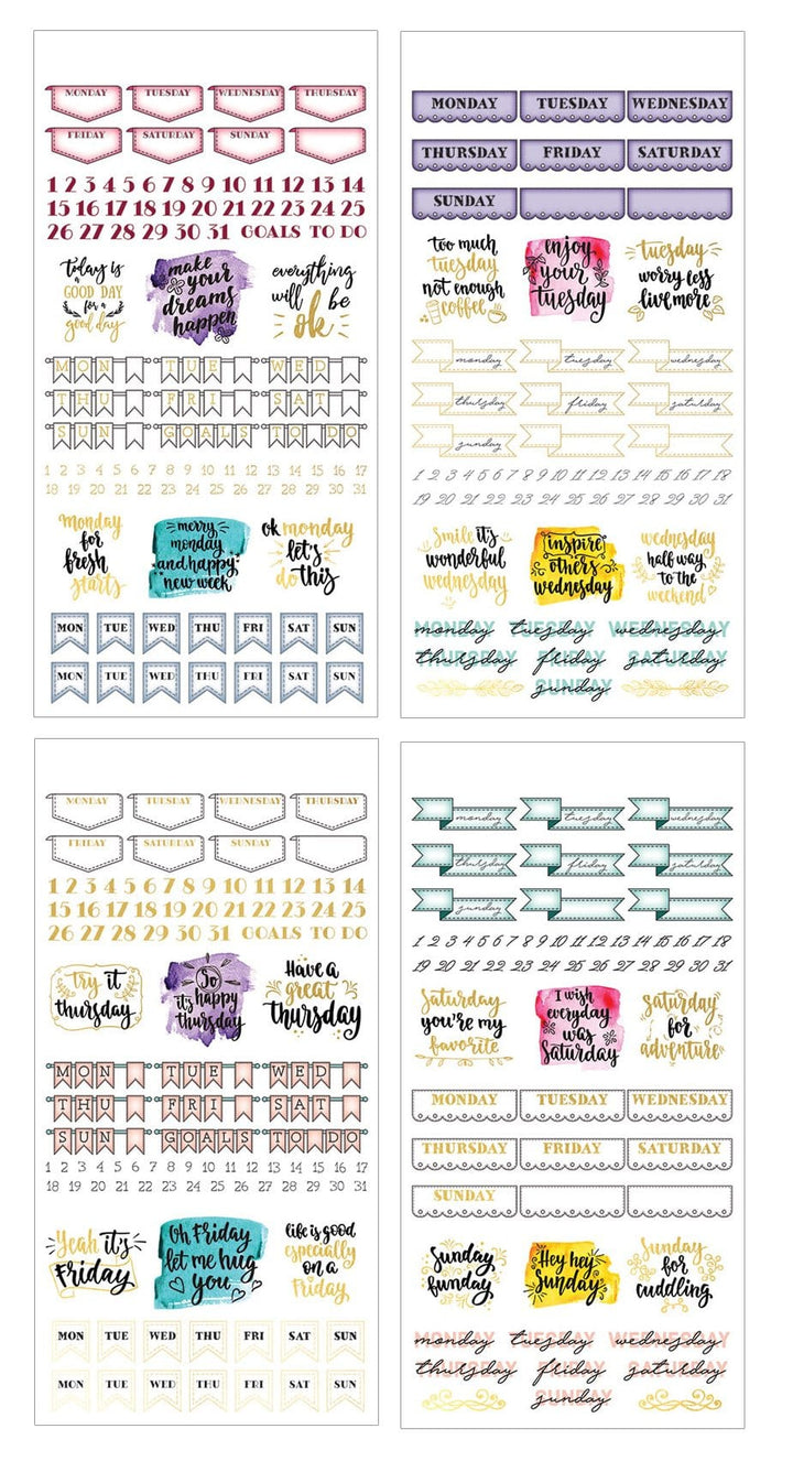 STPL-1001E - Planner Stickers - Weekly Creative Kit - Four sheets of colorful planner stickers featuring day-of-week labels, date numbers, motivational quotes, and decorative banners in various styles and colors