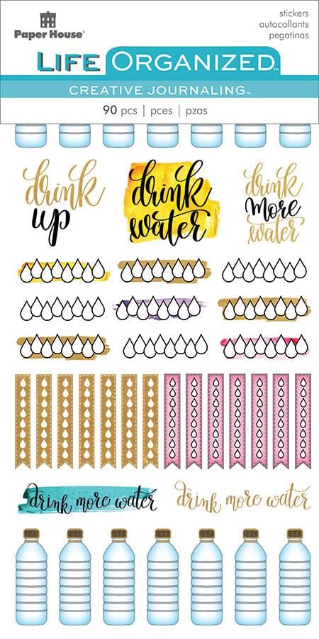 STPL-1002E - Planner Stickers - Trackers Creative - Water tracking planner stickers featuring drink reminders, water bottles, droplets, and decorative banners in blue, gold, and pink