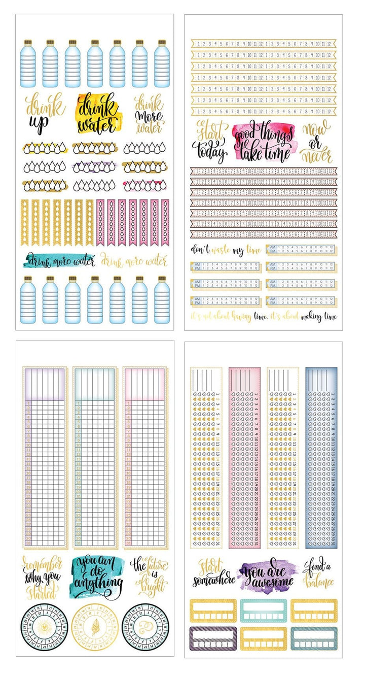 STPL-1002E - Planner Stickers - Trackers Creative - Four sheets of colorful planner stickers featuring water bottles, motivational quotes, rulers, trackers, calendars, and decorative patterns in gold, pink, teal, and purple