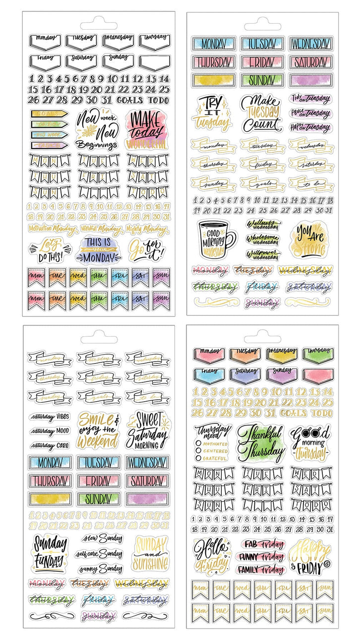 planner stickers featuring 4 sheets of stickers with numbers, days of the week with watercolor and gold accents, shown on white background.