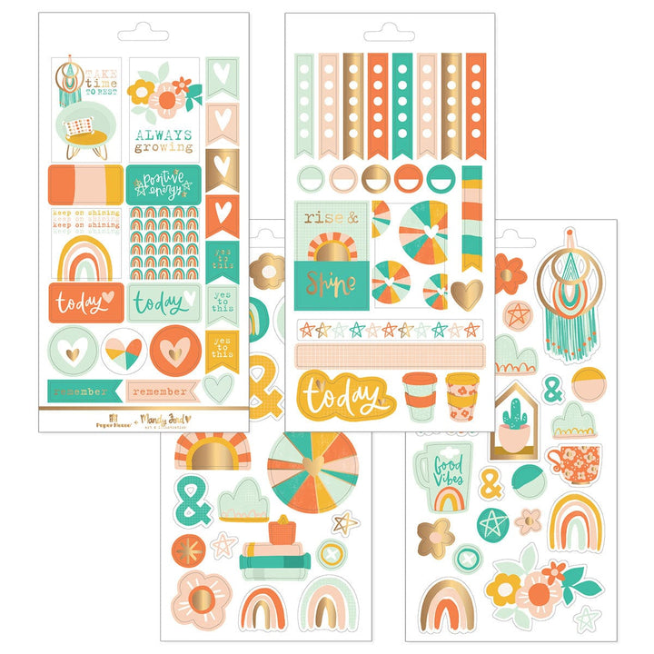4 sheets of planner stickers featuring teal and orange illustrations of rainbows, hearts, florals, and tags with gold details, shown on white background.