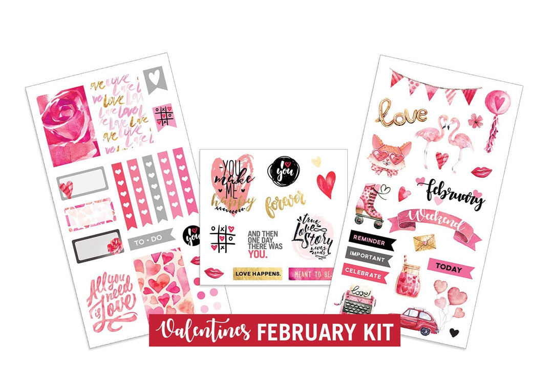 Three sheets of planner stickers featuring February Valentines shown on a white background.