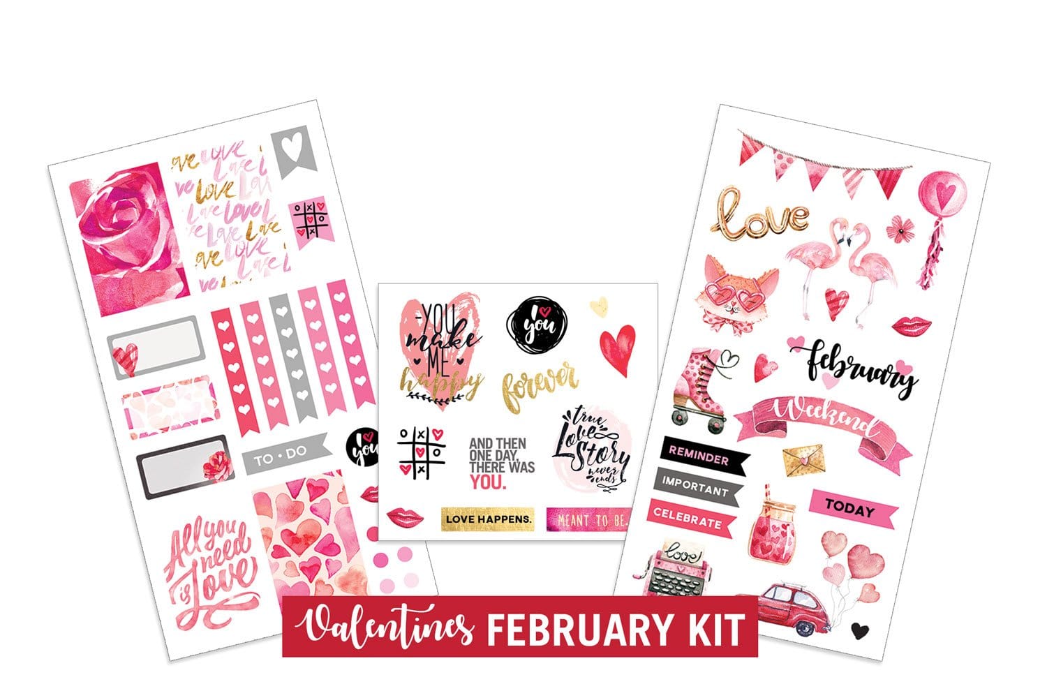 Three sheets of planner stickers featuring February Valentines shown on a white background.