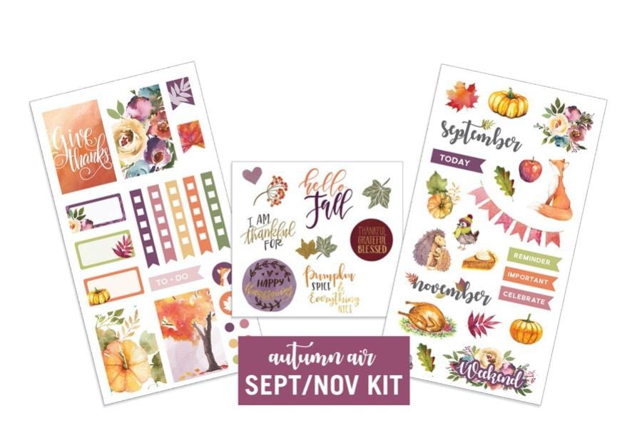 3 sheets of planner stickers are shown featuring autumn colors and imagery shown on white background.