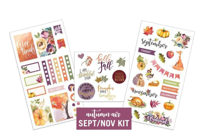 3 sheets of planner stickers are shown featuring autumn colors and imagery shown on white background.