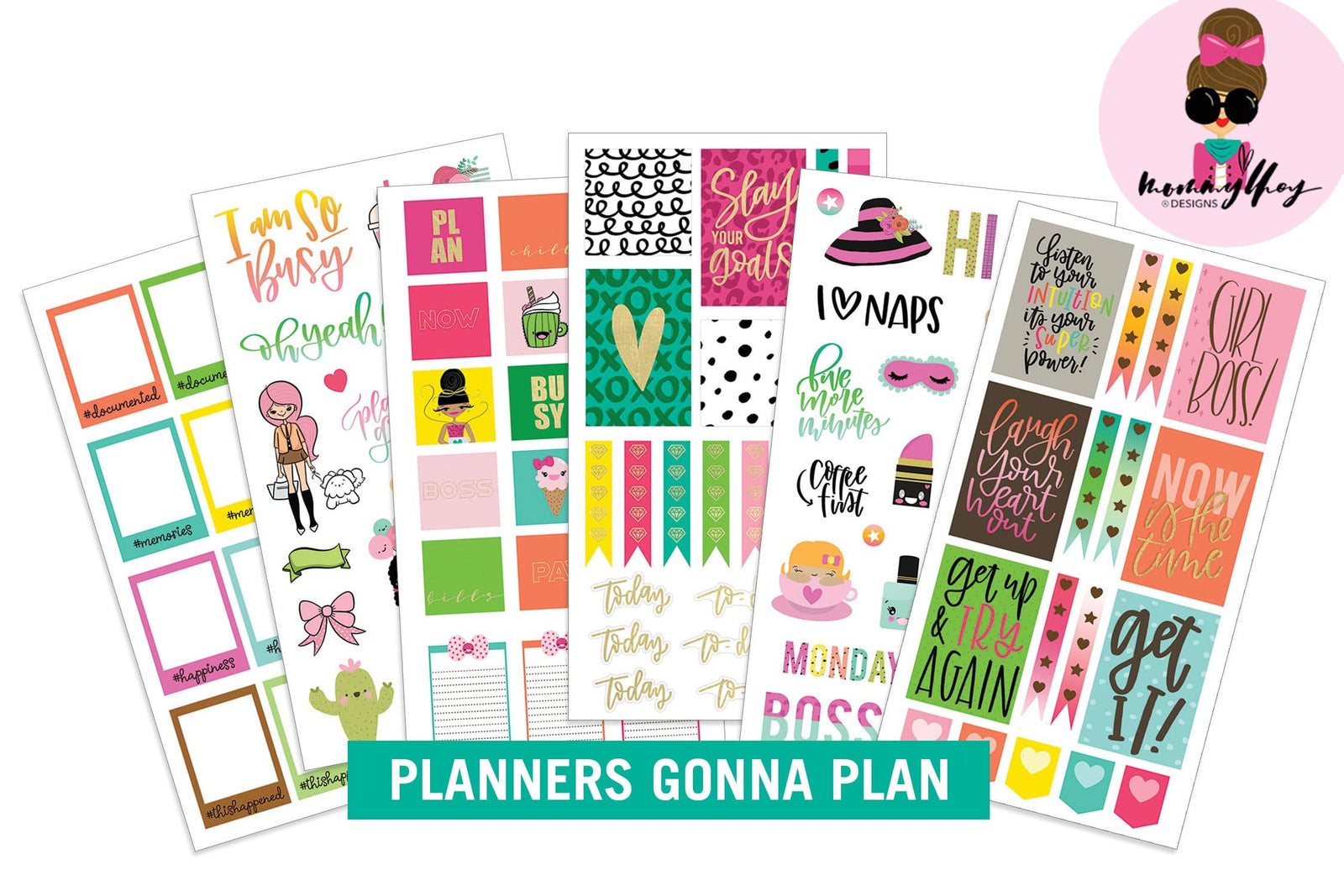 six planner sticker sheets featuring mommy lhey designs shown on white background