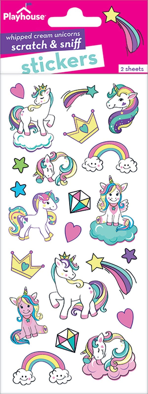 STSC-7001E - Scratch And Sniff Stickers - Unicorn - Colorful unicorn sticker sheet with rainbows, crowns, hearts, stars, and clouds on a white background