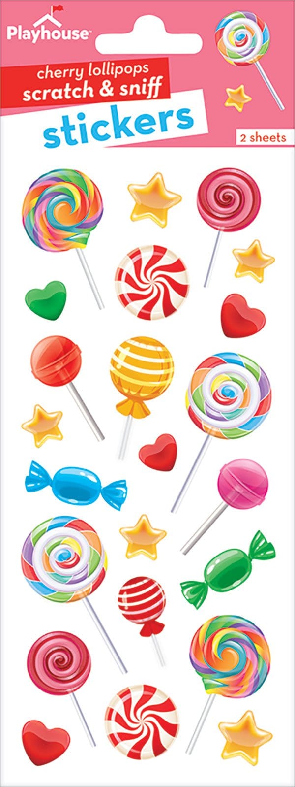 STSC-7003E - Scratch And Sniff Stickers - Lollipops Cherry - Colorful scratch and sniff sticker sheet featuring lollipops, candy, stars, and hearts in bright pink, red, yellow, blue, and green