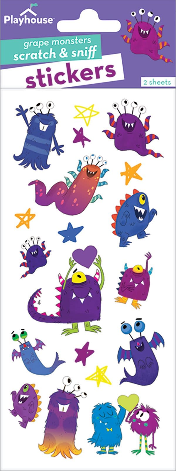 STSC-7004e - Scratch And Sniff Stickers - Grape - Playhouse grape-scented scratch and sniff stickers featuring colorful monsters, stars, and hearts on white background