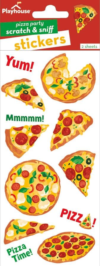 STSC-7005E - Scratch And Sniff Stickers - Pizza - Pizza-themed scratch and sniff stickers featuring various slice and whole pizza designs with cheese, pepperoni, and vegetables on yellow background