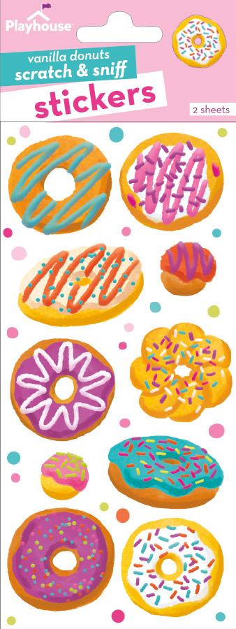 STSC-7006E - Scratch And Sniff Stickers - Vanilla Donuts - Colorful scratch-and-sniff donut stickers with frosting, sprinkles, and glazes in pink, purple, orange, and blue on two sheets
