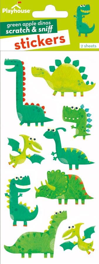 STSC-7009E - Scratch And Sniff Stickers - Green Apple Dinosaurs - Colorful green and yellow dinosaur stickers with spots, spikes, and googly eyes on a bright yellow-green background