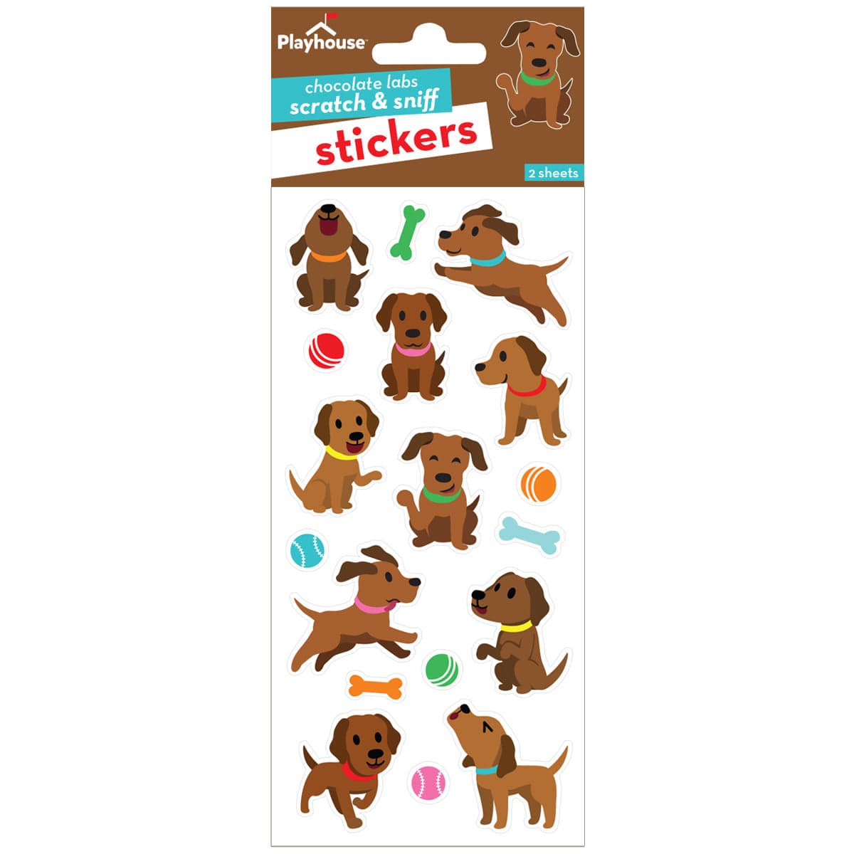 scratch and sniff stickers featuring illustrated brown puppies shown in packaging on white background.
