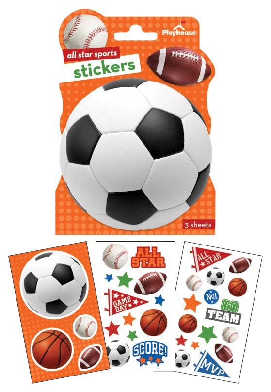 STSH-7001E - Stickers for Kids - Sports - Orange packaging with soccer ball and three sheets of colorful sports stickers featuring basketballs, footballs, and baseballs