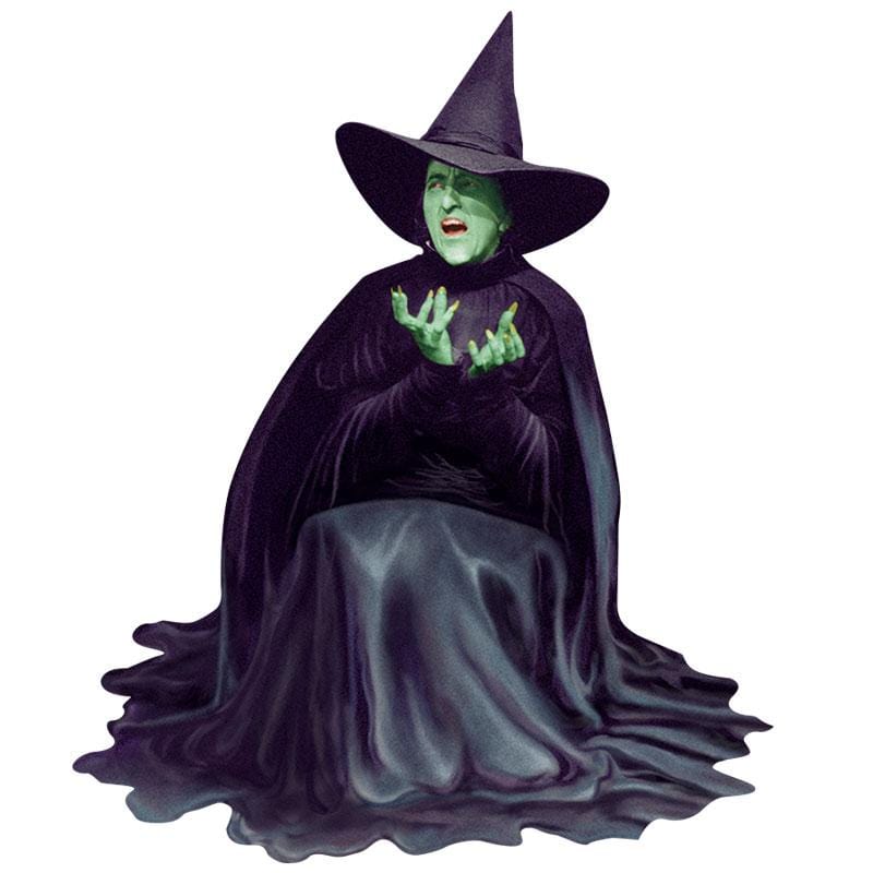 STUV-0050E - Wizard of Oz Vinyl Sticker - Wicked Witch Melting - Green-faced witch in black pointed hat and flowing dark robe, gesturing with raised hands against white background