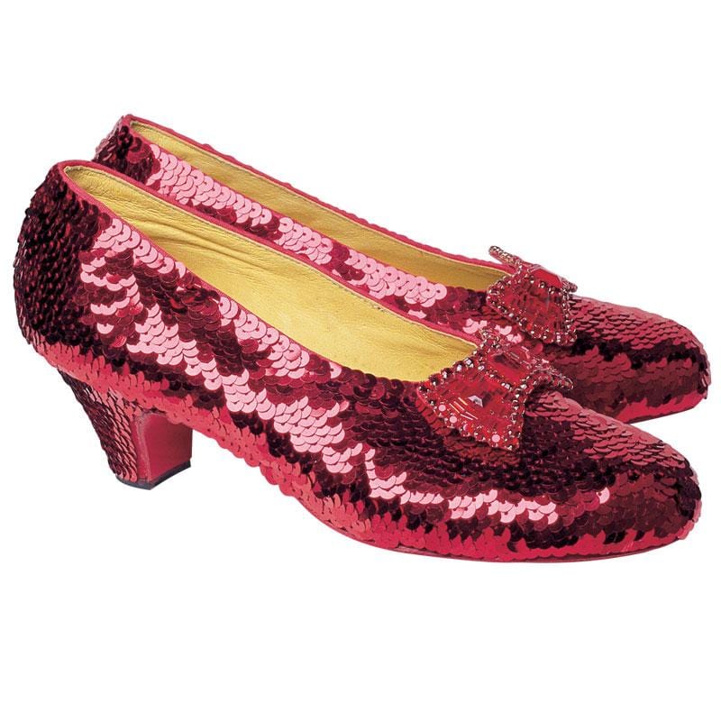 STUV-0051E - Wizard of Oz Vinyl Sticker - Ruby Slippers - Pair of red sequined heels with pink bow detail and yellow insole against white background