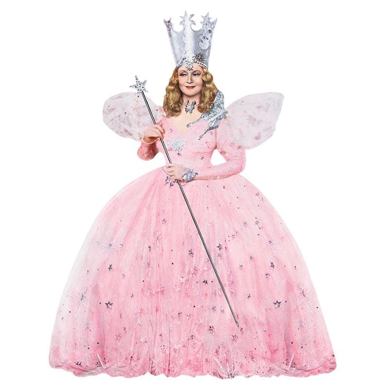 STUV-0052E - Wizard of Oz Vinyl Sticker - Glinda - Glinda the Good Witch in pink ball gown with silver crown, wand, and sparkled wings against white background
