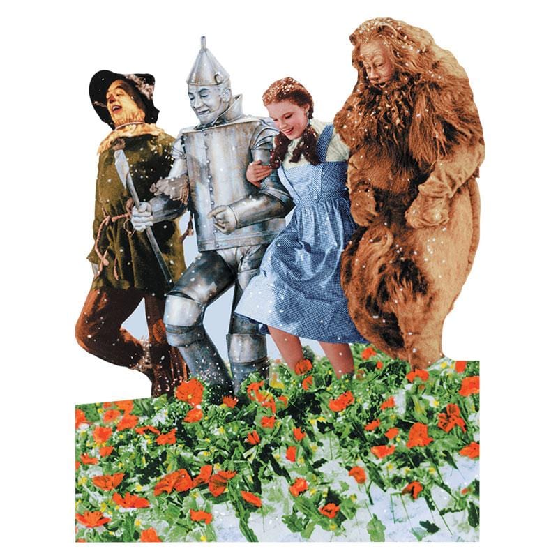 STUV-0053E - Wizard of Oz Vinyl Sticker - Poppy Fields - Colorful vinyl sticker featuring four characters walking through a field of red poppies against a white background