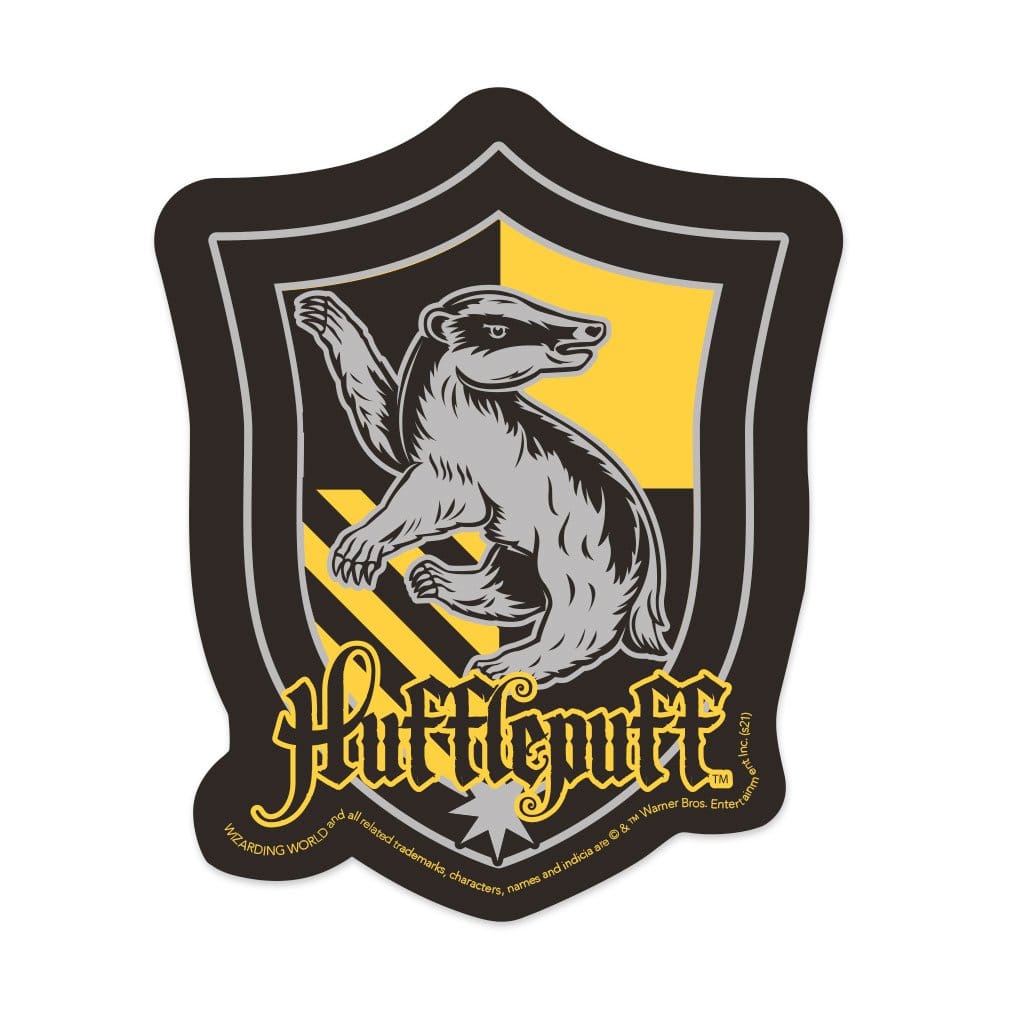 vinyl laptop sticker featuring Harry Potter Hufflepuff Shield with yellow and black detail.