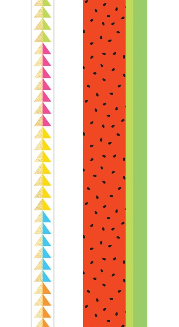 STWA-0001E - Washi Tape Set - Summer Fun - Three rolls of decorative washi tape featuring geometric triangles, watermelon seeds, and solid colors in green, red, gold, pink, blue, and orange
