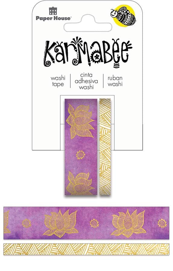 STWA-0026E - Washi Tape Set - Lotus - Two rolls of washi tape featuring purple lotus flowers with gold details and a geometric gold striped pattern