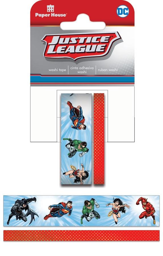 STWA-0039E - Washi Tape Set - Justice League Heroes - Two rolls of washi tape featuring Justice League characters on blue and red polka dot backgrounds