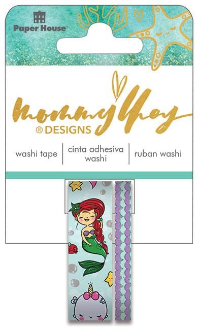 STWA-0058E - Washi Tape Set - Mermaid - Two rolls of washi tape with mermaid and sea creature designs in pink, purple, and blue on a branded packaging card