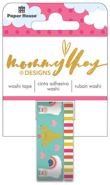 STWA-0060E - Washi Tape Set - Llama - Colorful washi tape roll featuring llamas, cacti, and hearts on turquoise background with striped color bands