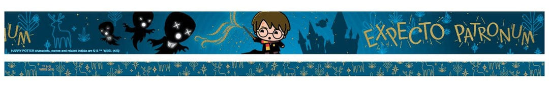 Two strips of washi tape are shown featuring Chibi Harry Potter on one and a blue and gold pattern on the other.