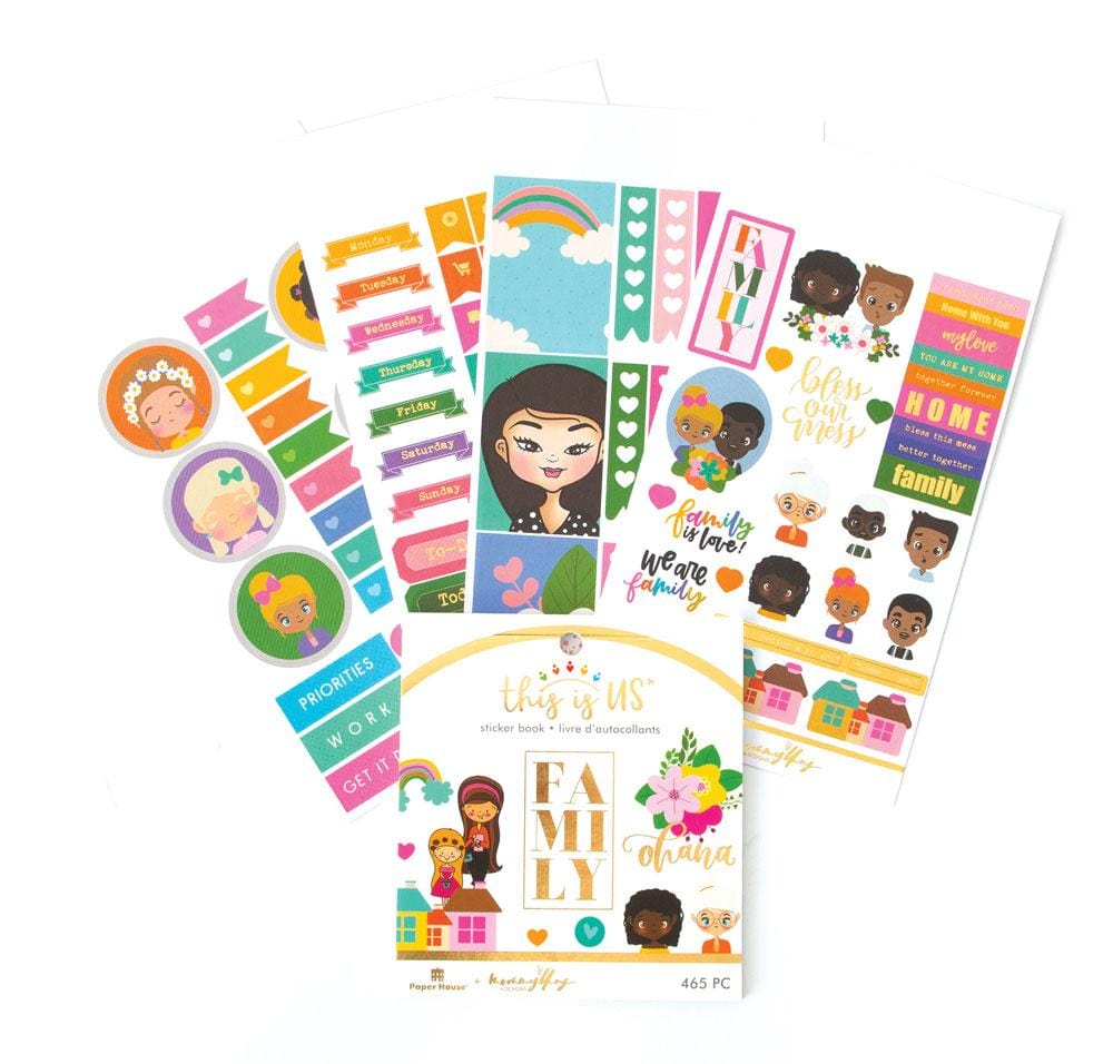 TIU-0016 - Planner Stickers Set - Mommy Lhey - Family - Colorful family-themed sticker sheet set featuring diverse character faces, rainbow designs, day-of-week banners, and motivational text in pink, blue, and green