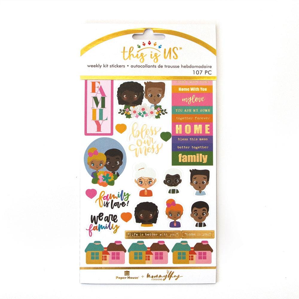 TIU-0016 - Planner Stickers Set - Mommy Lhey - Family - Weekly planner sticker sheet featuring diverse family characters, hearts, houses, and motivational text in pink, orange, and gold tones