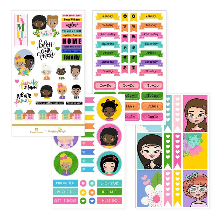 TIU-0016 - Planner Stickers Set - Mommy Lhey - Family - Colorful planner sticker sheets featuring family themes, days of the week, to-do lists, and illustrated character faces in pink, yellow, green, and blue