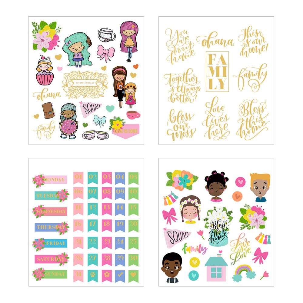 TIU-0016 - Planner Stickers Set - Mommy Lhey - Family - Four sheets of decorative planner stickers featuring colorful illustrations of diverse characters, floral designs, days of the week calendars, and gold foil family-themed text