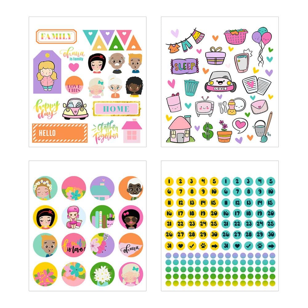 TIU-0016 - Planner Stickers Set - Mommy Lhey - Family - Four sheets of colorful planner stickers featuring family themes, household items, cute character faces, and numbered calendar dates in pink, purple, teal, and yellow