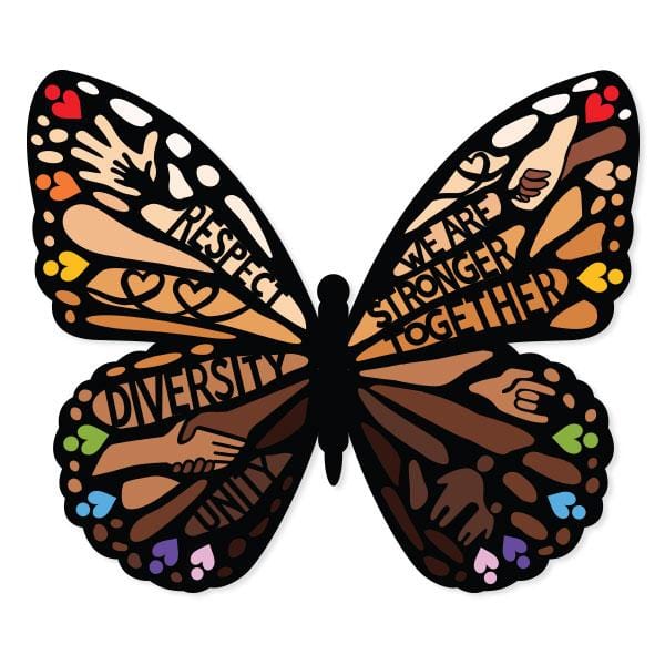 Shaped butterfly laptop sticker featuring holding hands, hearts, and words of wisdom such as respect and diversity.