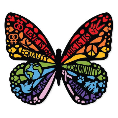 Shaped butterfly laptop sticker featuring rainbow colors and words of equality and peace.