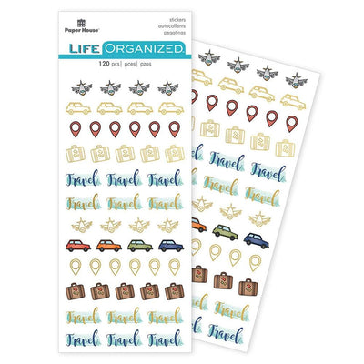 planner stickers featuring illustrated cars, airplanes and luggage, shown in package overlapping another sheet on white background.