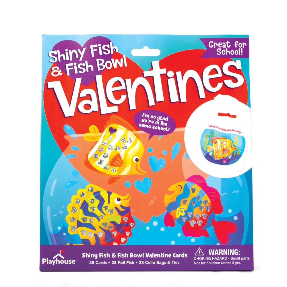 VPL-7001E - Valentine Cards Set - Shiny Fish And Fishbowl - Colorful packaging featuring three shiny foil fish in yellow, blue, and red with heart designs and text "Great for School!" on turquoise and orange background