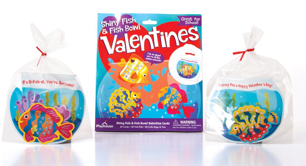 VPL-7001E - Valentine Cards Set - Shiny Fish And Fishbowl - Colorful fish-themed valentine cards with shiny fishbowl designs in clear cellophane packages tied with red ribbons