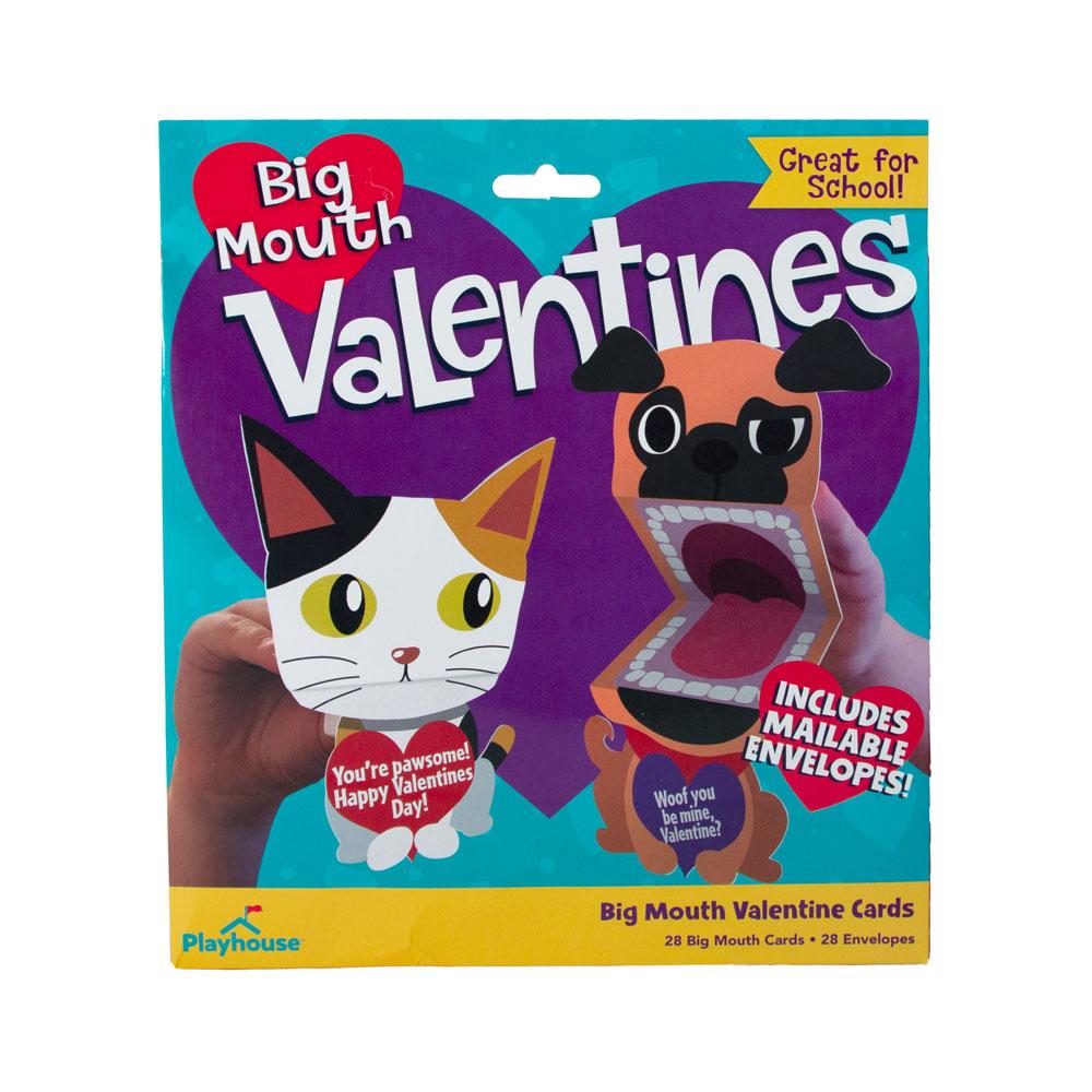 VPL-7013E - Valentine Cards Set - Big Mouth Pets - Big Mouth Valentines card package featuring a white cat and brown dog with oversized mouths on purple and teal background