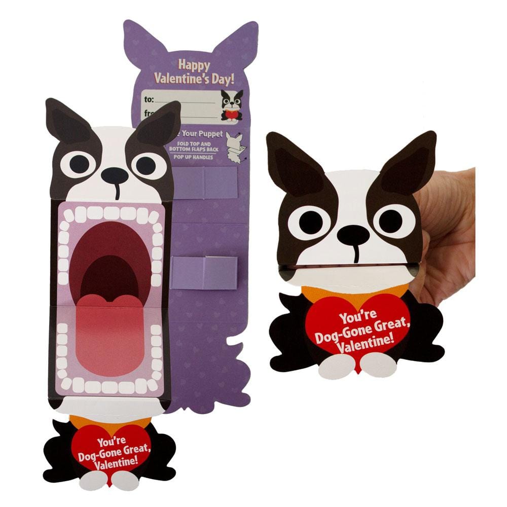 VPL-7013E - Valentine Cards Set - Big Mouth Pets - Two purple puppy-shaped Valentine cards with big eyes and open mouths holding red hearts that say "You're Dog-Gone Great, Valentine!"