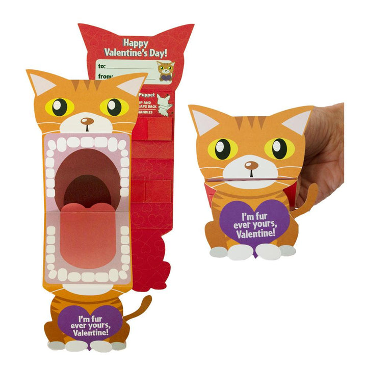 VPL-7013E - Valentine Cards Set - Big Mouth Pets - Orange cat-shaped Valentine card with big yellow eyes, open mouth, purple heart, and "I&