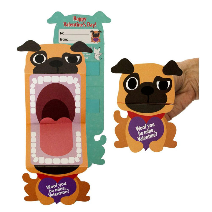 VPL-7013E - Valentine Cards Set - Big Mouth Pets - Tan and black dog-shaped Valentine cards with wide open mouths and "Woof you be mine, Valentine?" hearts, shown folded and unfolded